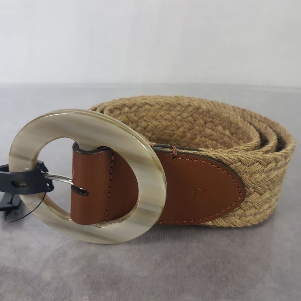 Lauren Ralph Lauren Belt Womens Medium Braided Raffia Wide Round Buckle New